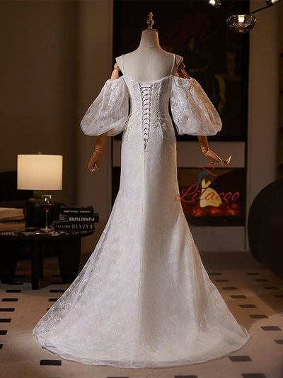 White Mermaid Lace Puff Sleeve Wedding Dress