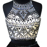 Black Satin Two Piece Beading Homecoming Dress
