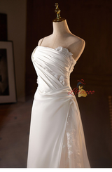 White Satin Straps Lace Pleats Wedding Dress