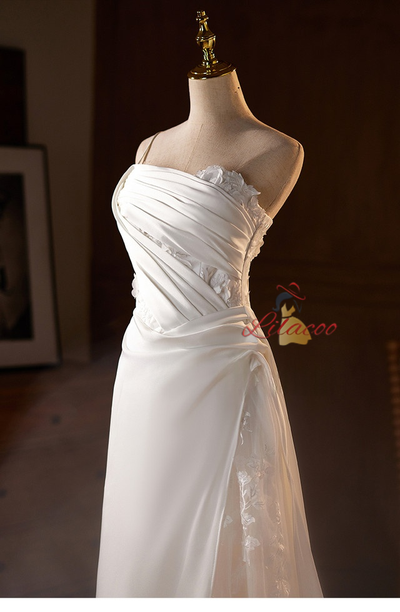 White Satin Straps Lace Pleats Wedding Dress