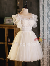 White Tulle Lace Scoop Neck Homecoming Dress