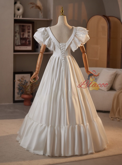 White Satin Lace V-neck Wedding Dress