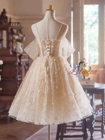 Champagne Tulle Sequins Pleats Homecoming Dress