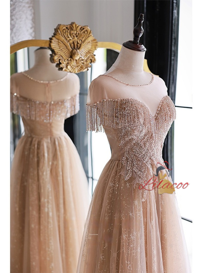 Champagne Tulle Beading Prom Dress