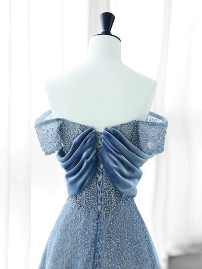 Blue Tulle Sequins Velvet Pleats Prom Dress