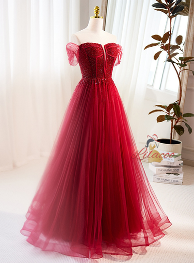 Tulle Off the Shoulder Beading Prom Dress