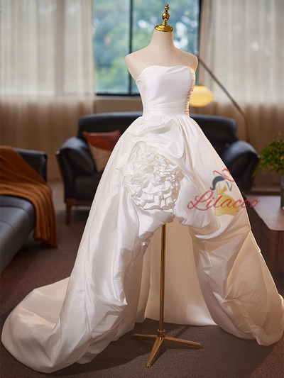 White Strapless Satin Hi Lo Wedding Dress