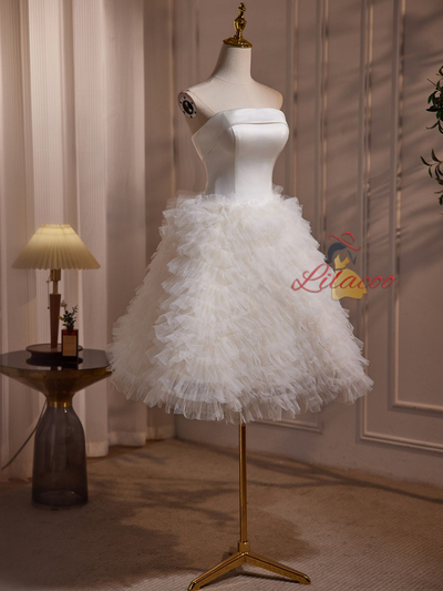 White Tulle Satin Tiers Wedding Dress