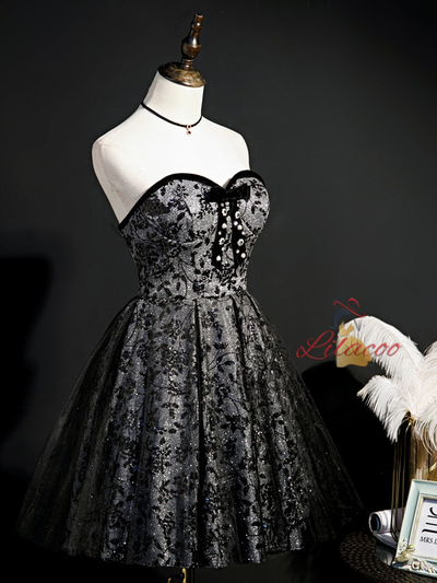 Black Sequins Tulle Strapless Homecoming Dress