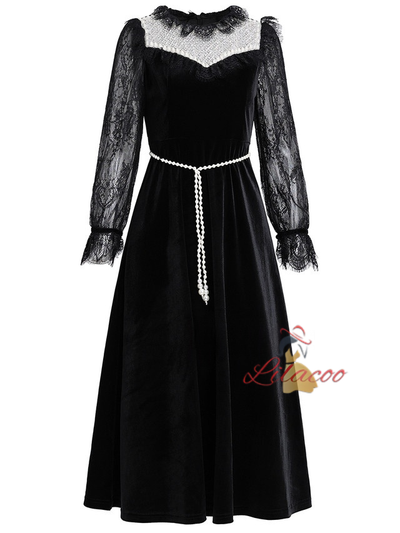 Black Velvet Lace Long Sleeve Mother Of The Bride Dress