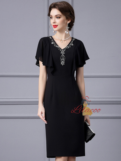 Black V-neck Crystal Mother Of The Bride Dress