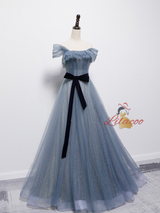Blue Tulle Sequins Pleats Prom Dress