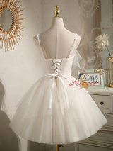 White Tulle Straps Pearls Homecoming Dress