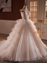 White Tulle Spaghetti Straps Tiers Wedding Dress