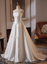 White Satin Strapless Bow Wedding Dress