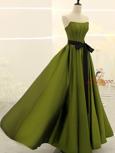 Green Satin Strapless Prom Dress