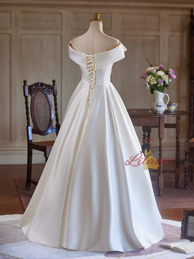 Ivory White Satin Pleats Off the Shoulder Wedding Dress
