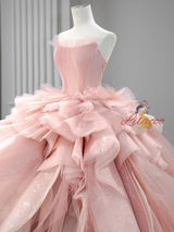 Vintage Pink Tulle Strapless Wedding Dress