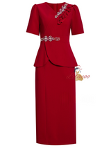 Red V-neck Short Sleeve Crystal Mother Of The Bride Dress