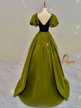 Green Satin V-neck Puff Sleeve Prom Dress