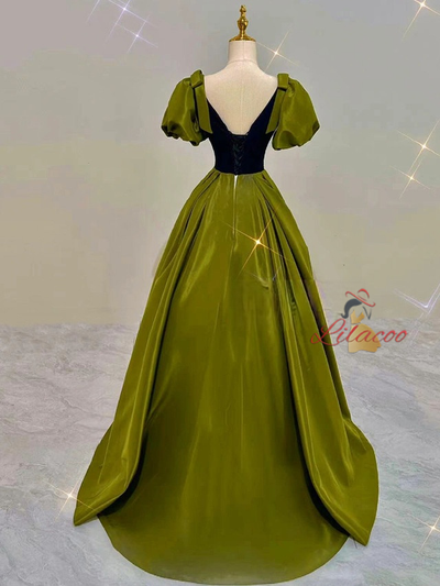 Green Satin V-neck Puff Sleeve Prom Dress