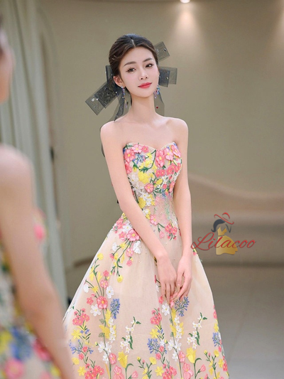 Champagne Tulle Embroidery Tea Length Prom Dress