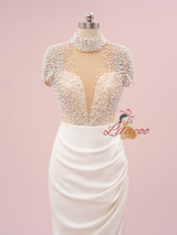 White Sheath Short Sleeve Pearls Prom Dress