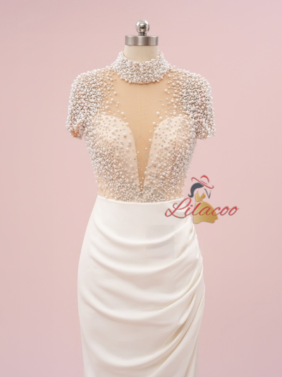 White Sheath Short Sleeve Pearls Prom Dress