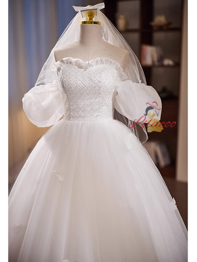 White Tulle Puff Sleeve Wedding Dress