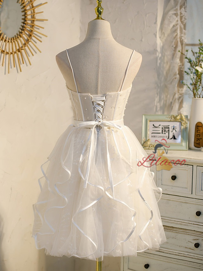 Tulle Spaghetti Straps Pearls Homecoming Dress