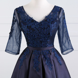 Navy Blue Satin Lace Short Sleeve Homecoming Dress