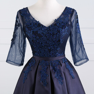 Navy Blue Satin Lace Short Sleeve Homecoming Dress