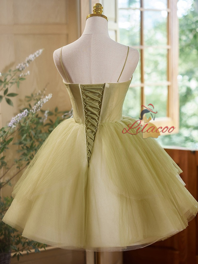 Green Tulle Straps Pleats Homecoming Dress