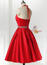 Red Satin Halter Beading Homecoming Dress