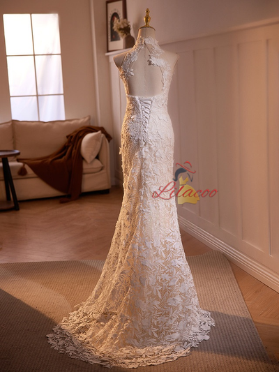White Mermaid Lace Backless Wedding Dress