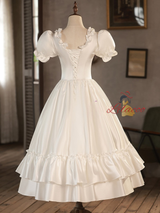 Vintage White Satin Puff Sleeve Button Wedding Dress