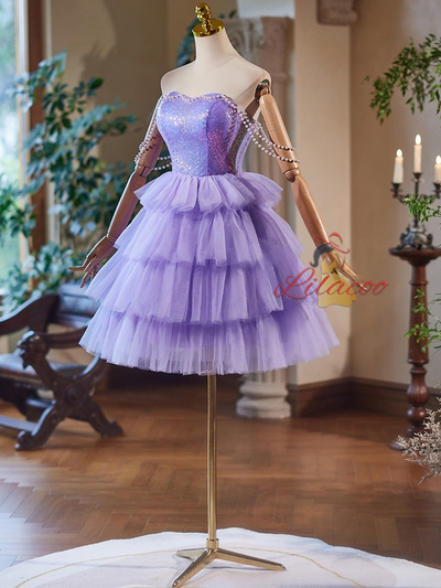 Purple Tulle Sequins Tiers Homecoming Dress