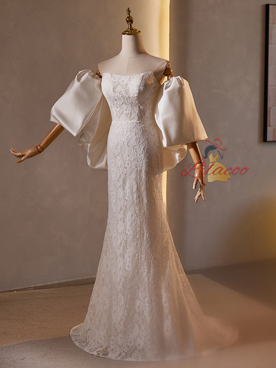 White Mermaid Lace Satin Strapless Wedding Dress
