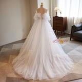 White Tulle Strapless Pleats Wedding Dress