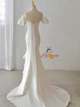 White Satin Puff Sleeve Beading Wedding Dress