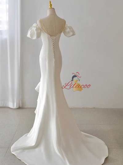 White Satin Puff Sleeve Beading Wedding Dress