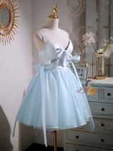 Blue Tulle Straps Pearls Homecoming Dress