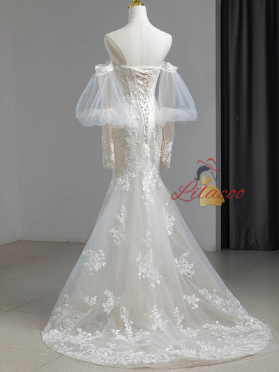 Mermaid Tulle Long Sleeve Appliques Wedding Dress