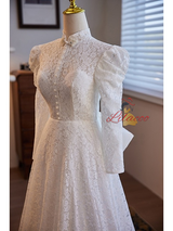 White Lace Long Sleeve High Neck Wedding Dress