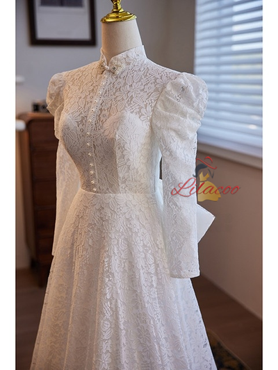 White Lace Long Sleeve High Neck Wedding Dress