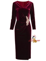 Burgundy Velvet Long Sleeve Mother Of The Bride Dress