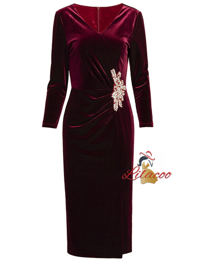 Burgundy Velvet Long Sleeve Mother Of The Bride Dress