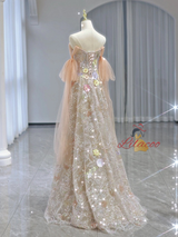 Champagne Tulle Sequins Strapless Appliques Prom Dress