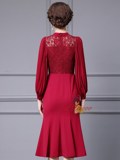 Long Sleeve Lace Pleats Mother Of The Bride Dress