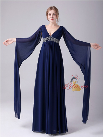 Navy Blue Deep V-neck High Waist Mother Of The Bride Dress